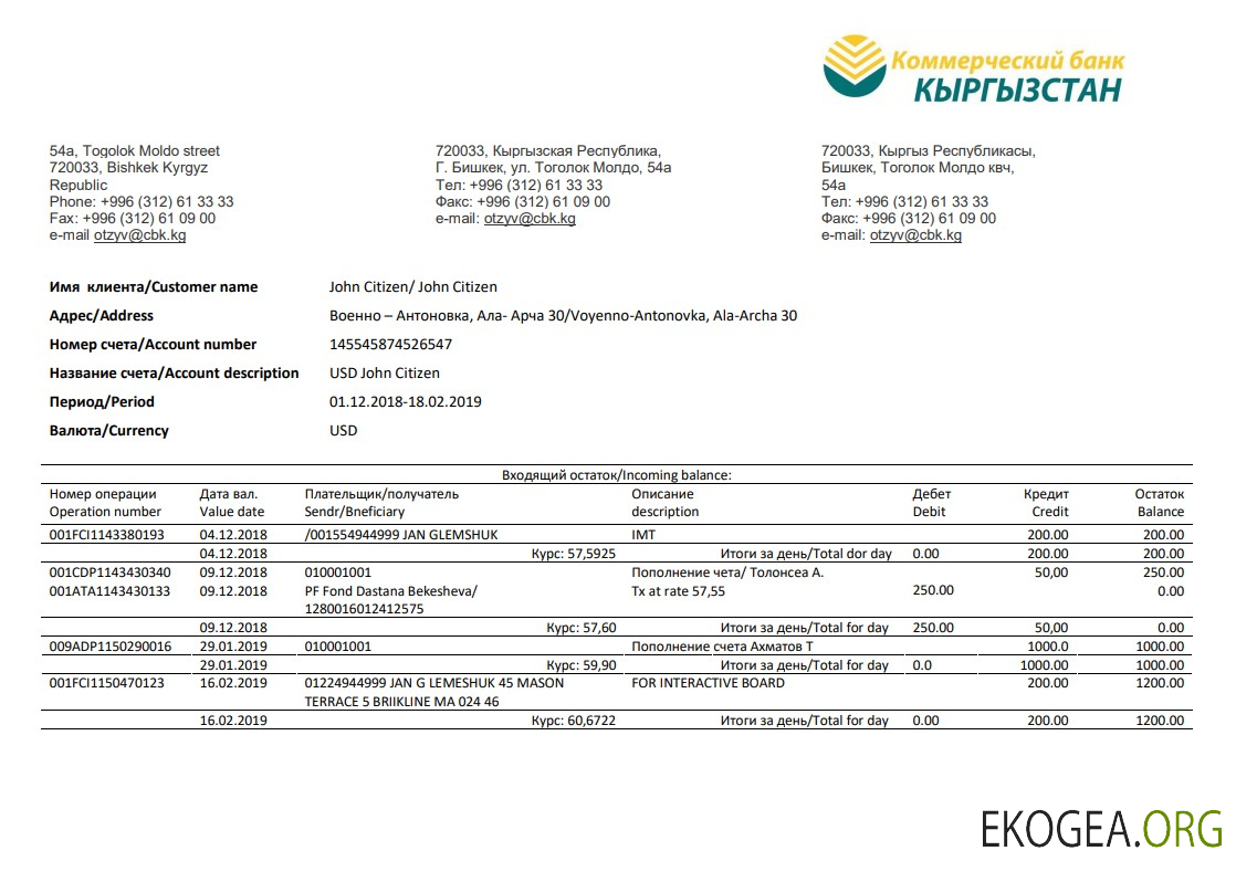 Kirghizistan Kirgizbank modèle de relevé bancaire de preuve d'adresse au format Word et PDF